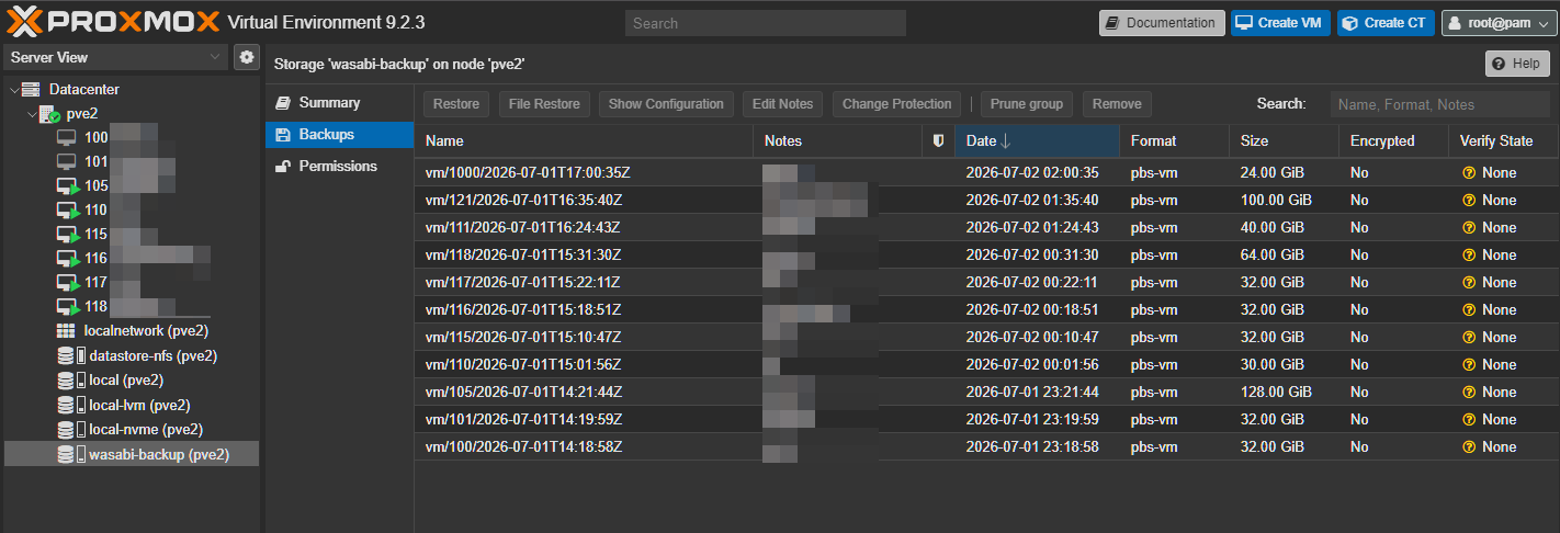 Proxmox VE wasabi-backup Backups一覧